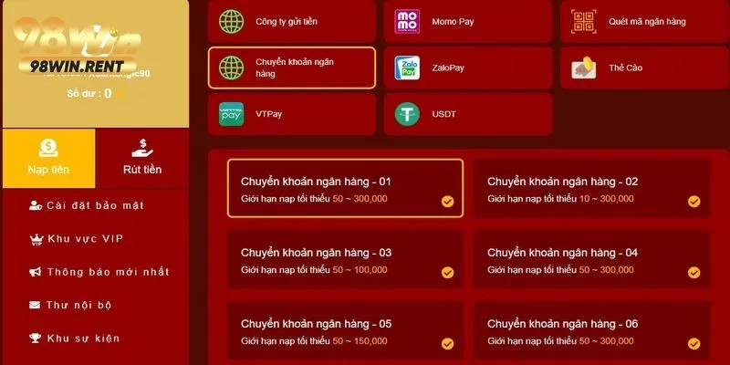Hướng dẫn nạp tiền 98Win qua tài khoản ngân hàng